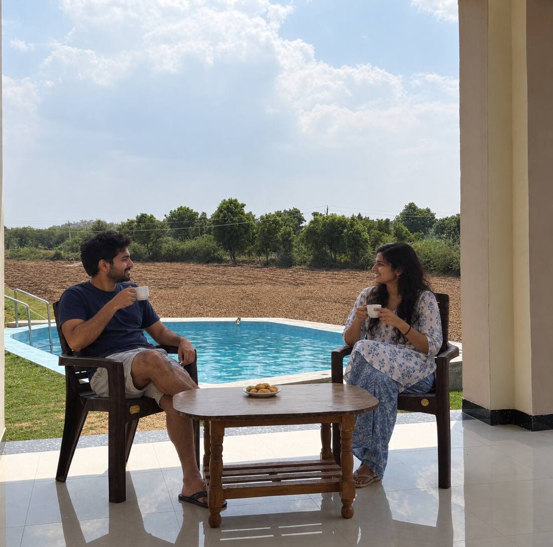 Guests enjoying tea by the pool